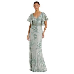 Mac Duggal Size 22 NEW Seafoam Green Bell Sleeve Floral Embellished Gown 67842